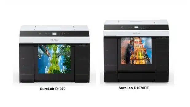New Epson D1070 Printer models allow printing on both sides on sheet media for photobooks, greeting cards, prints, memory mates, sports cards, playing cards, etc.