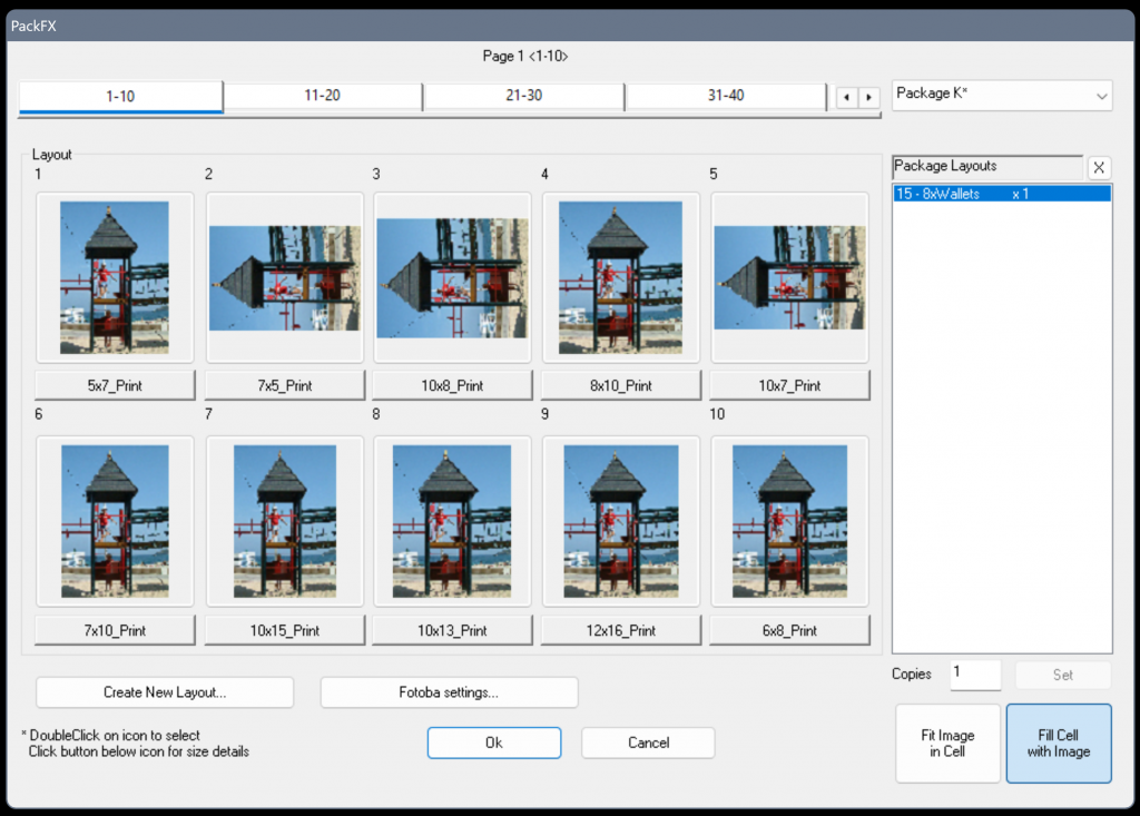 PackFX package selection showing several photo-print sizes in one order